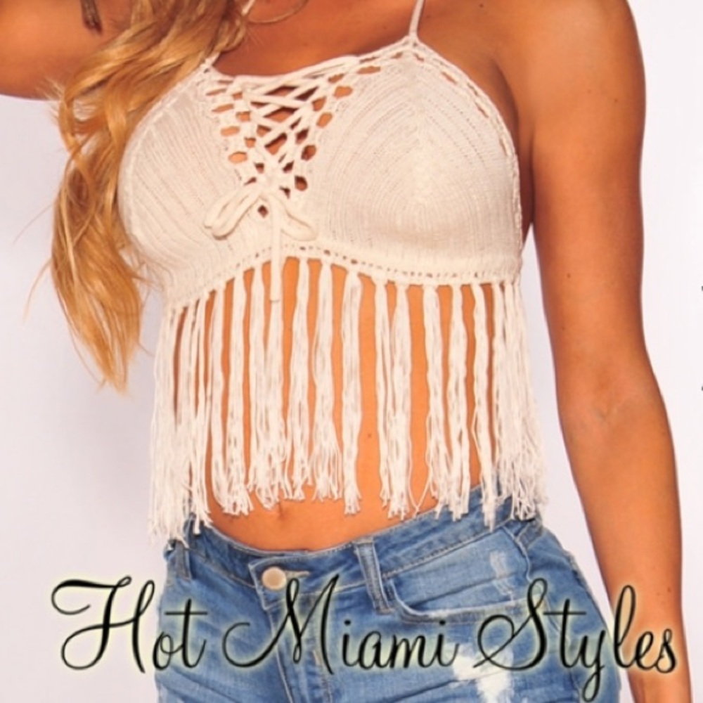 Cream crotchet halter crop top